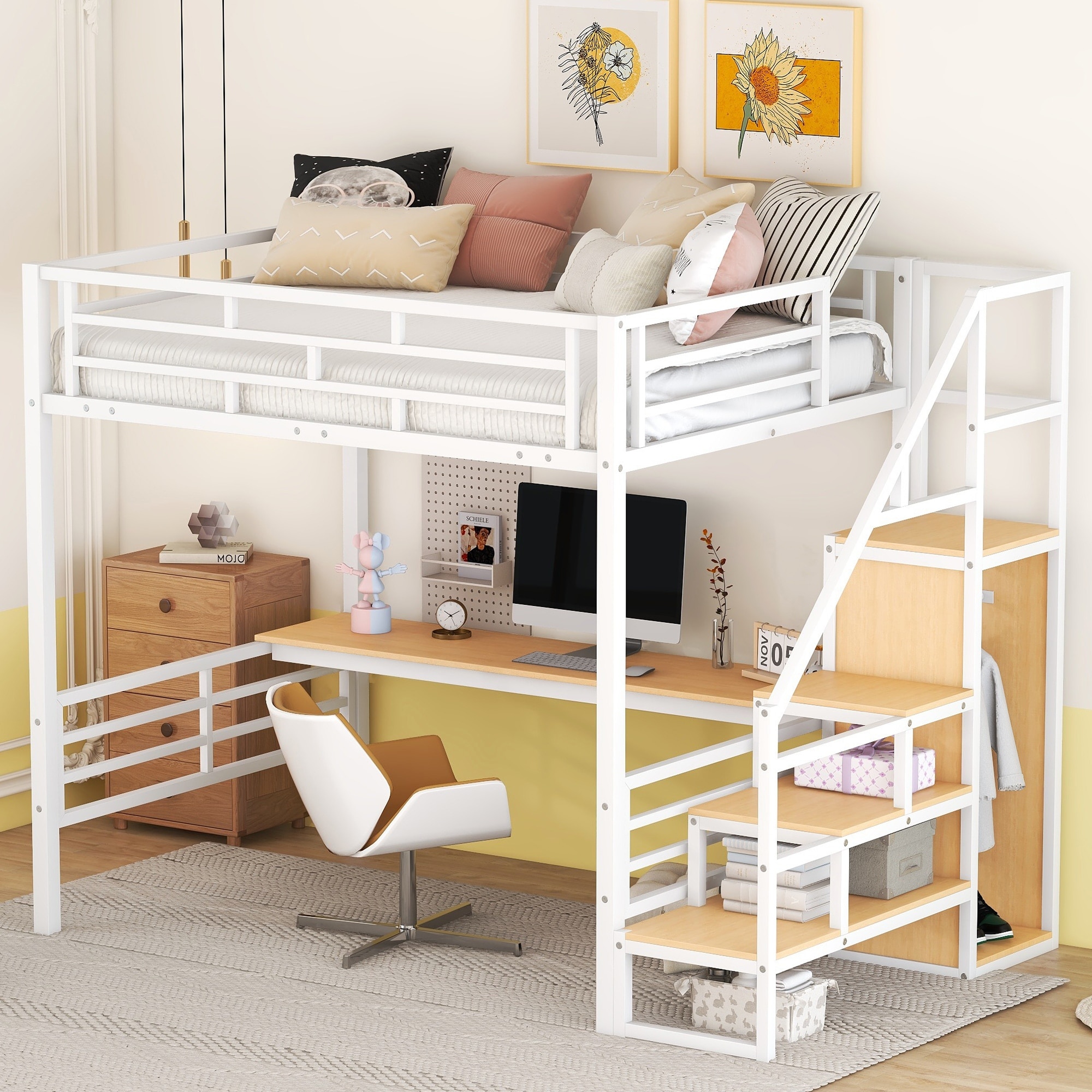 Loft Bed Frame for Kids Teens Full Size Metal Loft Bed with Desk Storage Staircase and Small Wardrobe