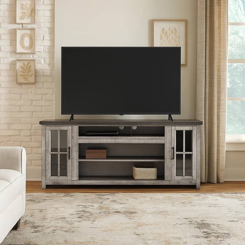 Leyla TV Stand Media Cabinet, 2 Doors, Shelves, Gray-Brown Wood 76 Inch