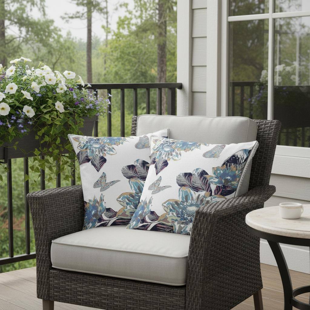 HomeRoots Set of Two 16" X 16" Gray and White Butterfly Blown Seam Floral Indoor Outdoor Throw Pillow - 16.00' X '16.00' X '5.00