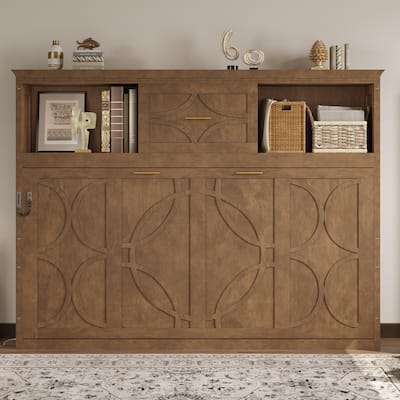 Twin Size Murphy Bed with Charging Station, Cabinets and Drawer, Foldable Bed, Space Saving Storage Bed