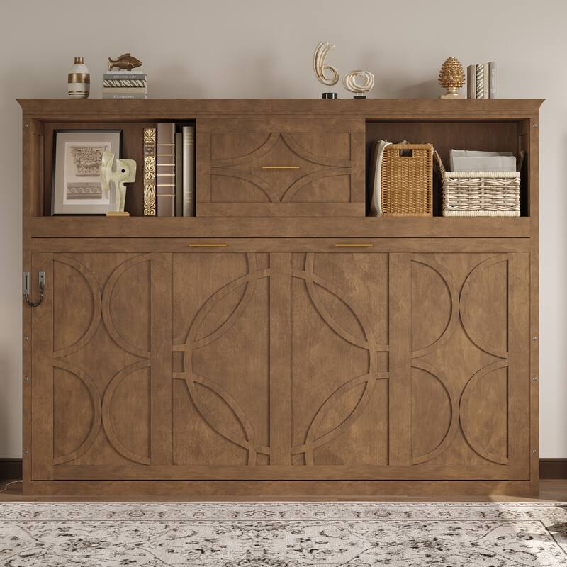 Twin Size Murphy Bed with Charging Station, Drawer, and Storage Cabinets, Wood Finish