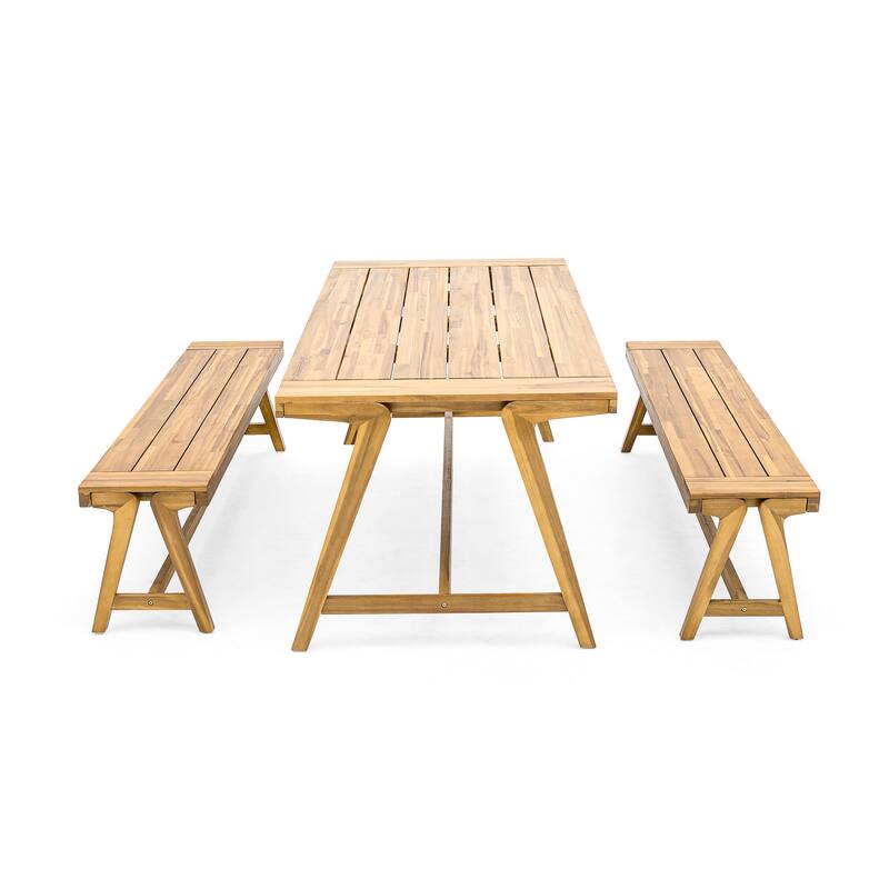 Roomfitters 3-Piece Outdoor Picnic Set, Contemporary Acacia Wood Dining Table & 2 Benches, All-Weather Compact Design