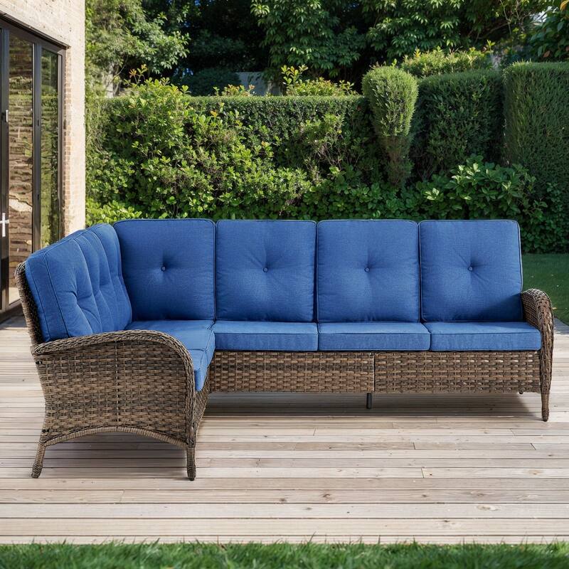 Outdoor Sectional Furniture Sofa Set with Thick Cushions - Brown - Blue