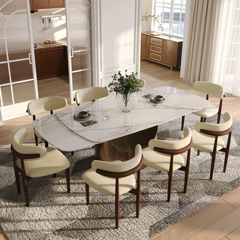 63-95"Extendable Modern Dining Table for 6-10, White Glossy Sintered Stone Tabletop, Bronze Carbon Steel Smile Legs - White