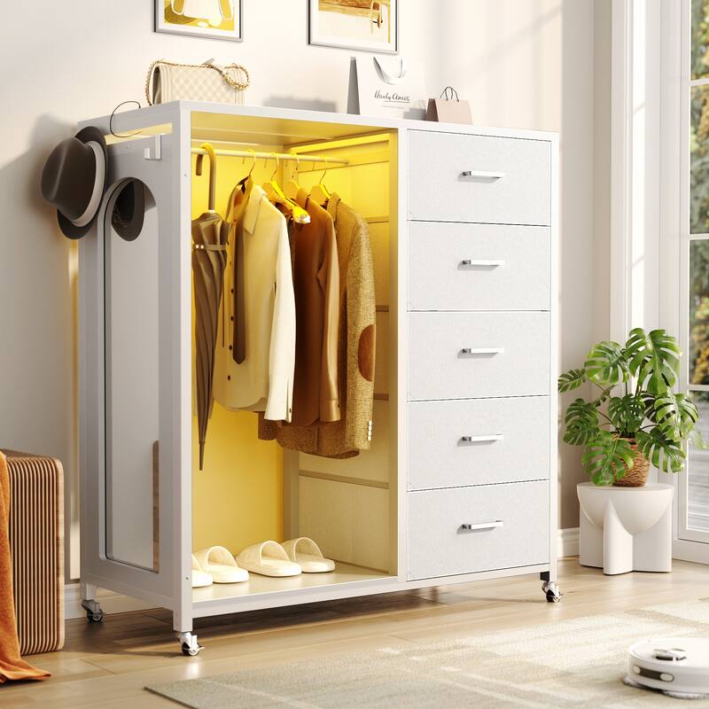 Kid's Closet Organizer with Fabric Drawers and Mirror, Rolling Dresser and Chest with Charge Station