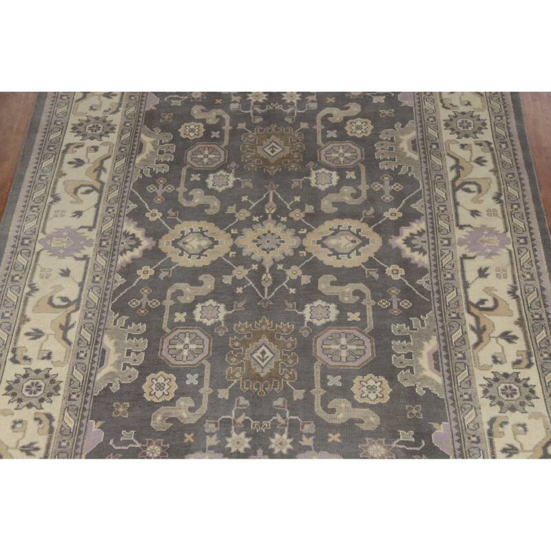 Gray Geometric Oushak Indian Area Rug Hand-Knotted Wool Carpet - 8'8" x 11'10"