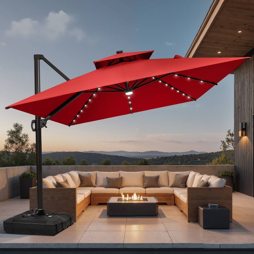 9 X 11 FT Outdoor Patio Cantilever Umbrella with Solar Lights Wheeled Base Double Canopy 360 Rotation Tilt