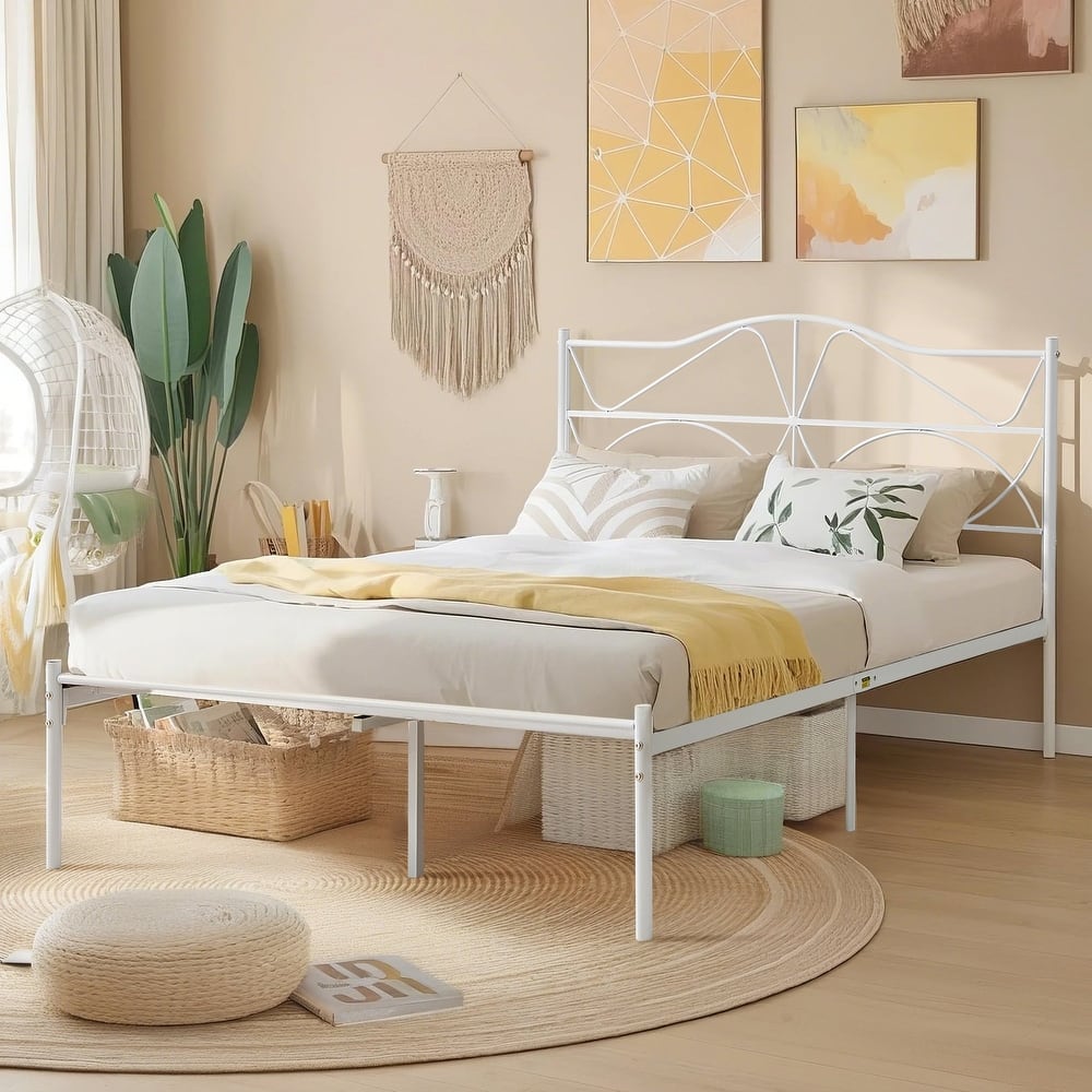 VECELO Wave Design Metal Bed Frame with 12.6" Underbed Storage High Headboard Industrial Platform Bed