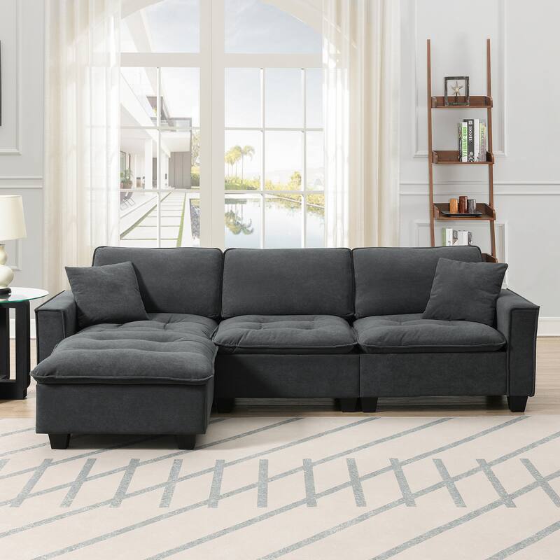Modern Tufted Sectional Sofa with Luxurious Suede Fabric & Reinforced Legs - 4 Seat Sofa with Ottoman