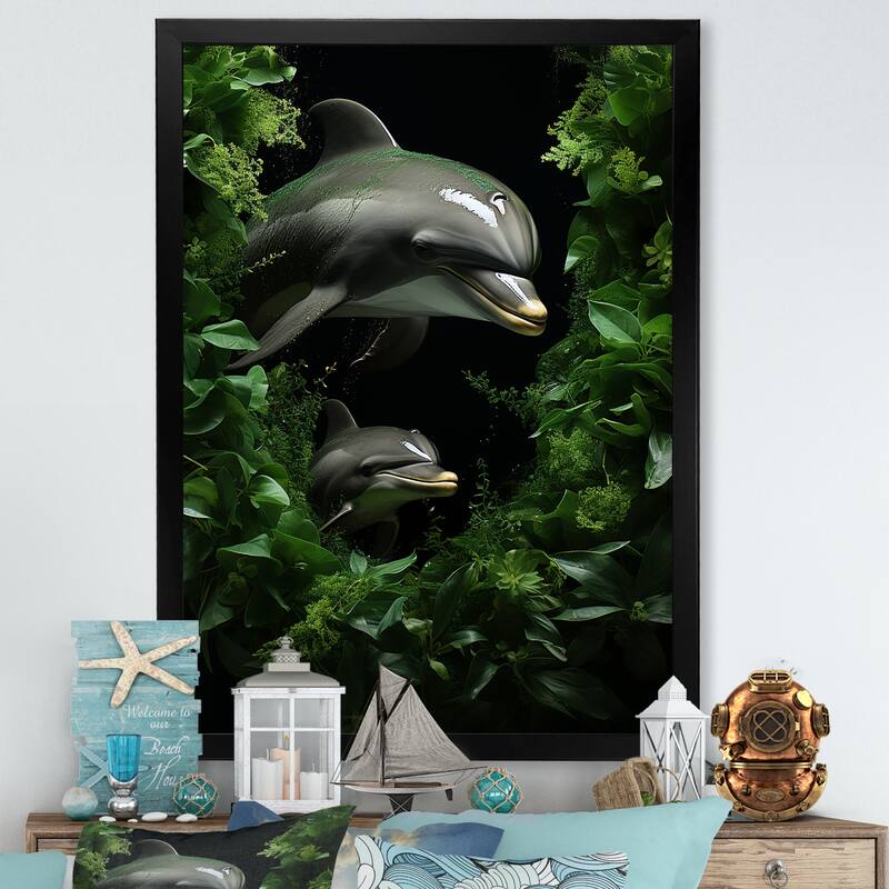Designart "Dolphin Eco Guardians " Animals Dolphin Framed Wall Decor - 12 in. wide x 20 in. high - Black