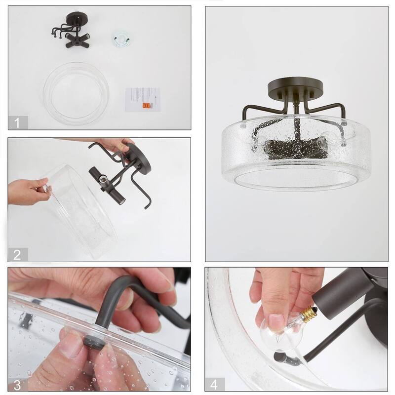 Modern Farmhouse 4-Light Glass Drum Semi-Flush Mount Ceiling Lights - W 12"x H 8"