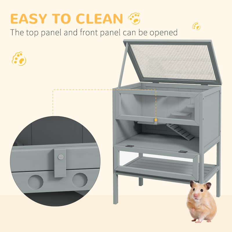 Grey Fir Wood Hamster Cage with Plexiglass Window and Elevated Base - 23.5"L×15.75"W×31.5"H