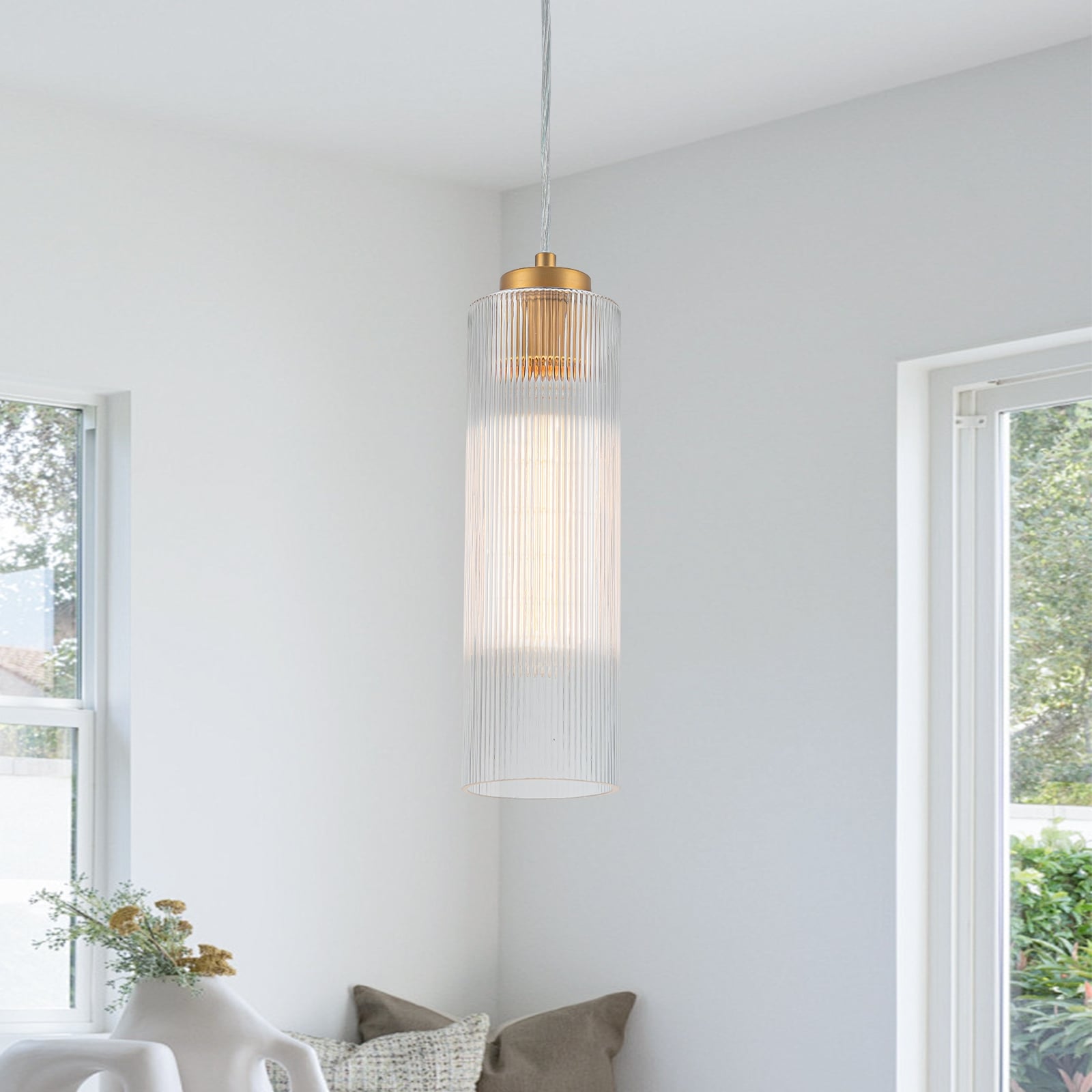Matte Brass Cylinder Pendant Light Clear Ribbed Glass Shade Bedroom - Dia.9.94inch