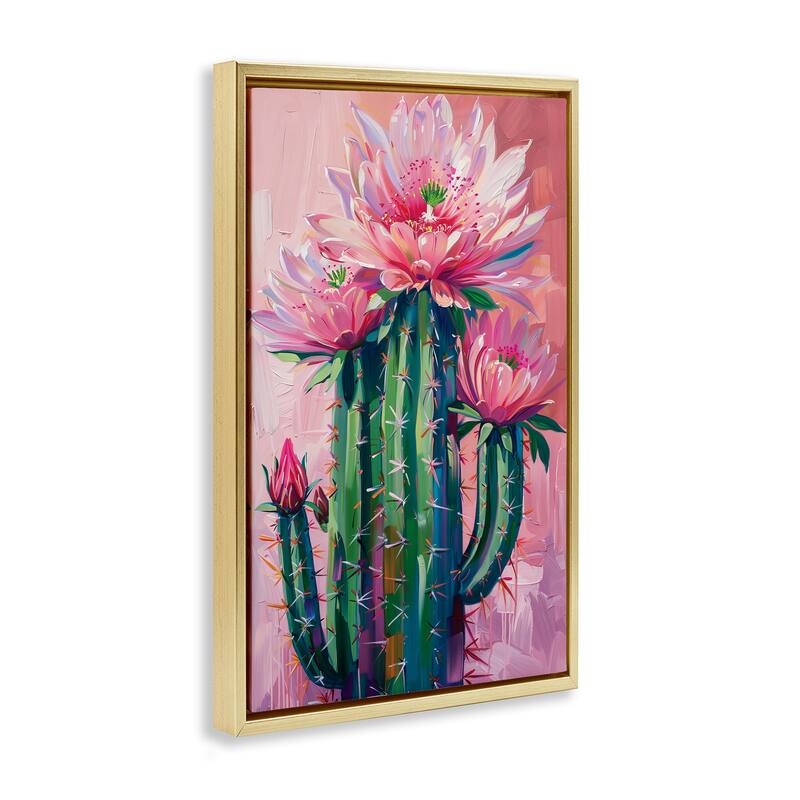 Stupell Pink Blossomed Cactus Framed Floater Canvas Wall Art Design By LSR Design Studio