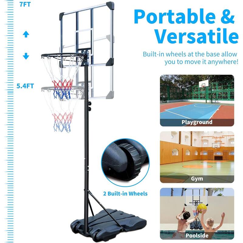 Portable Basketball Hoop - Adjustable Height 5.6-7FT, 32 in Shatterproof Backboard