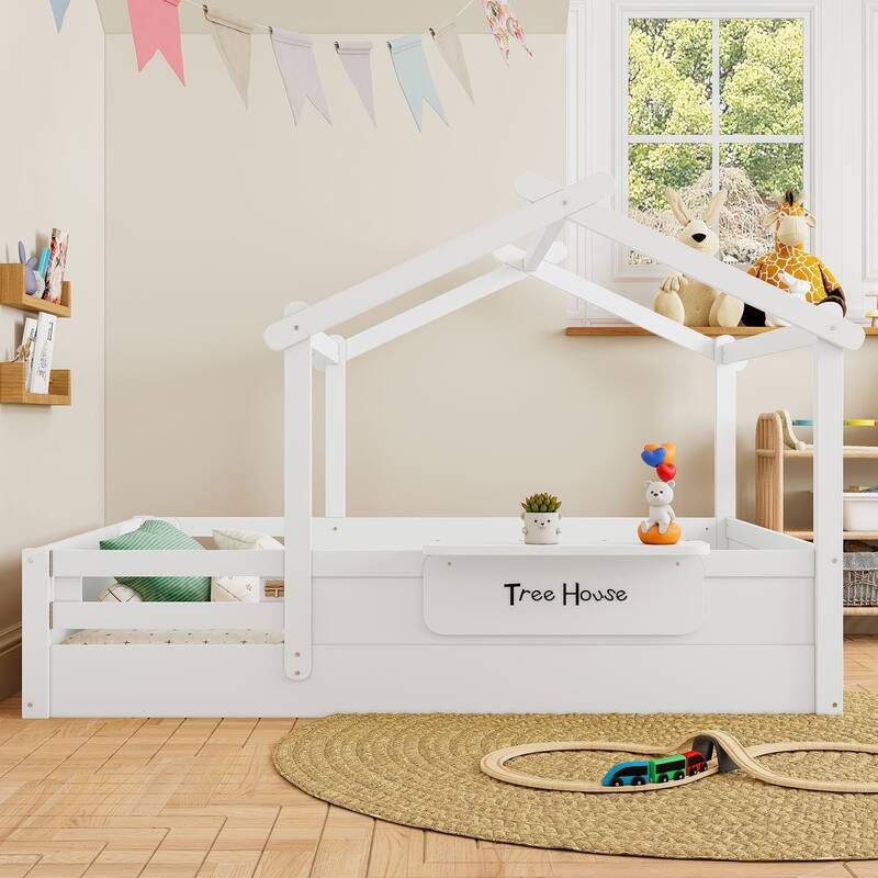 Montessori Floor Bed of 3 Kinds Size, House-shaped Platform Bed with Small Built-in Tray, Signboard and No Slats Design