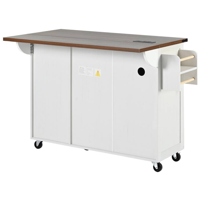 Rolling Kitchen Island with Folding Drop Leaf, Wooden Storage Cabinet with Power Outlet, Internal Storage Rack and Spice Rack