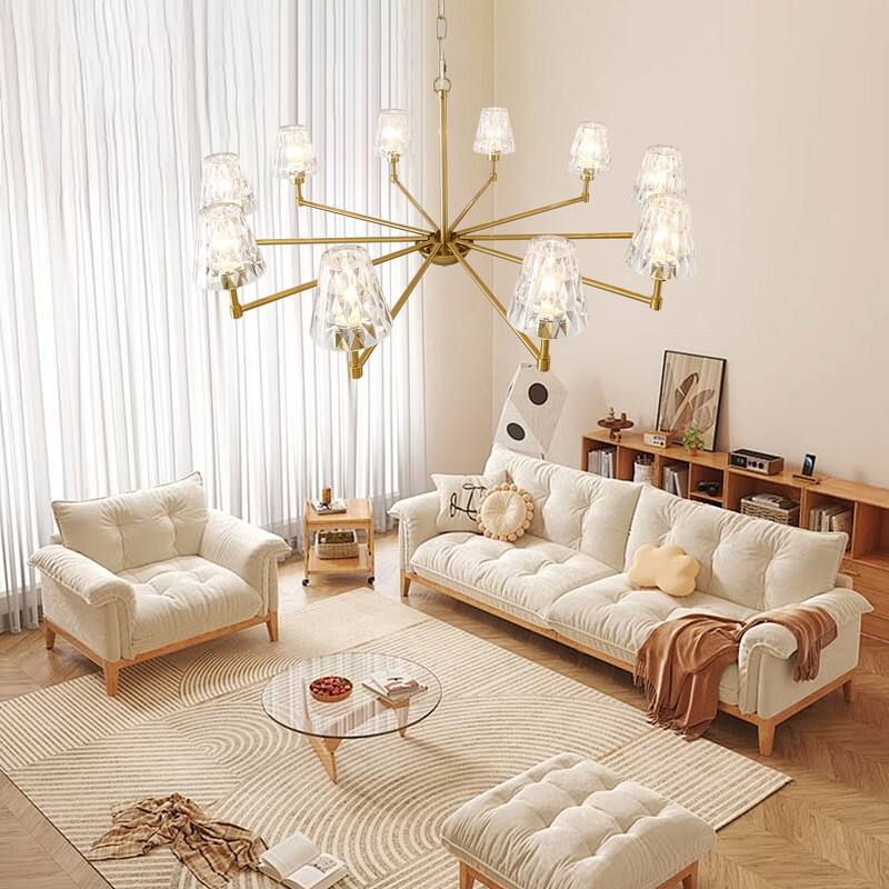 Mid Century Gold Chandelier Modern Pendant Light with Glass Lampshade