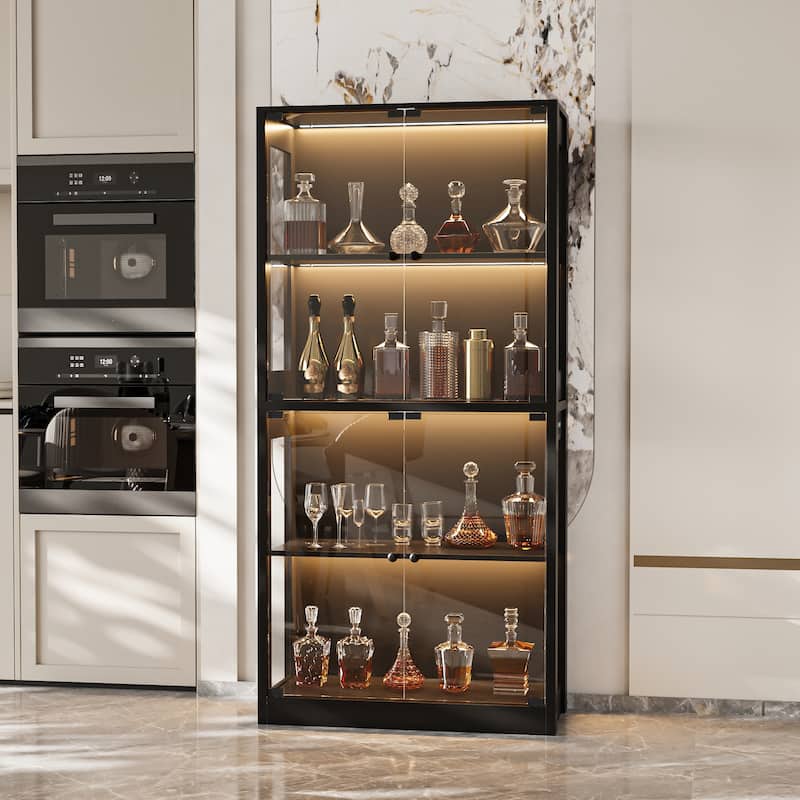 Glass Display Cabinet with 4 Doors LED Strip Light Pantry Buffet Wine Cabinet - 31.5"x65"