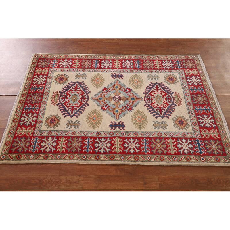 Geometric Ivory Kazak Oriental Accent Rug Hand-Knotted Wool Carpet - 3'5"x 4'11"