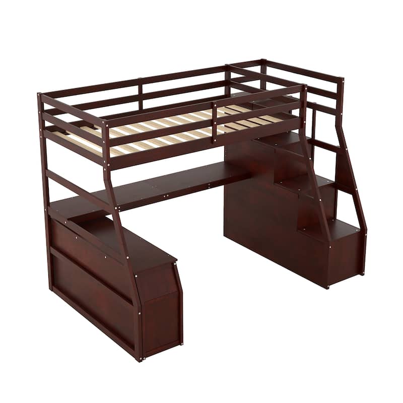 Twin Loft Bed with Drawers, Shelves, and Desk in Espresso