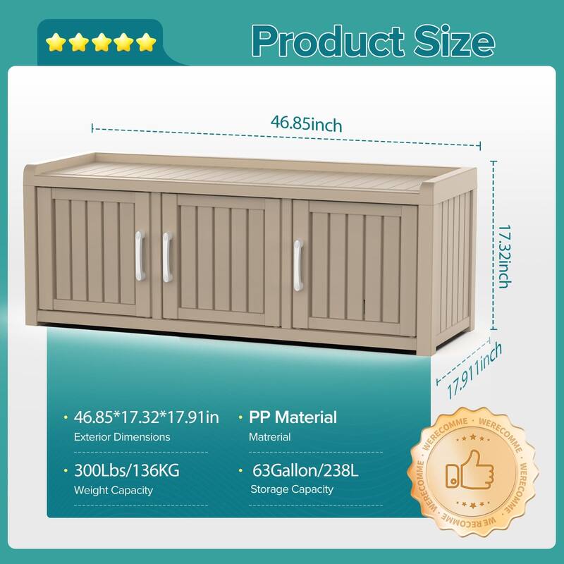 120 Gal. Double Door Locker with 3 Barn Doors Indoor and Outdoor Entryway Storage Bench