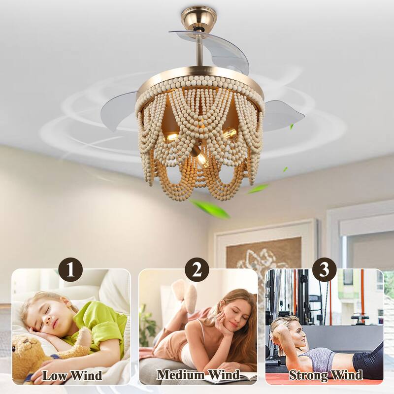 Bella Depot 42" Bohemian Retractable Ceiling Fan with Remote and Light 6-speed Modern Wood Chandelier