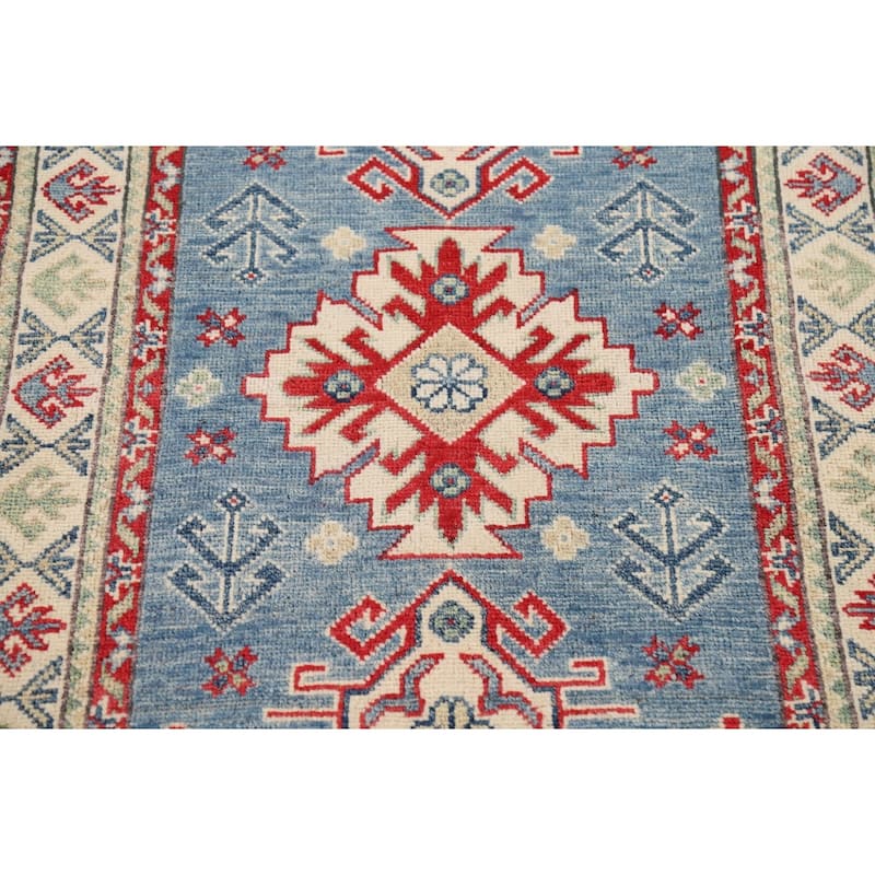 Light Blue Kazak Foyer Rug Hand-Knotted Geometric Wool Carpet - 2'9" x 4'1"