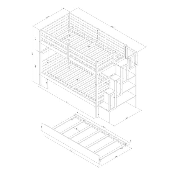 Twin Over Twin Bunk Bed with Twin Trundle and Stairway Storage, Sturdy Pinewood Frame