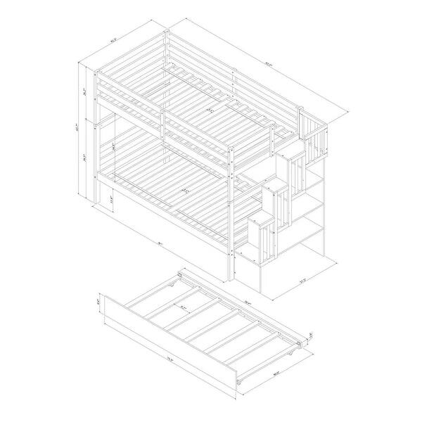 Twin over Twin Bunk Bed With Trundle, Stairway Storage Function, Grey