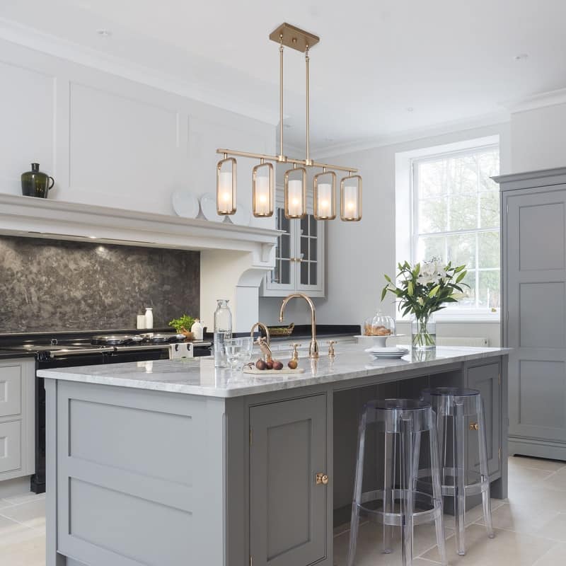 Siya Modern 5-Light Gold Linear Metal Chandelier with Frosted Glass for Kitchen Island Dimmable Pendant Lights