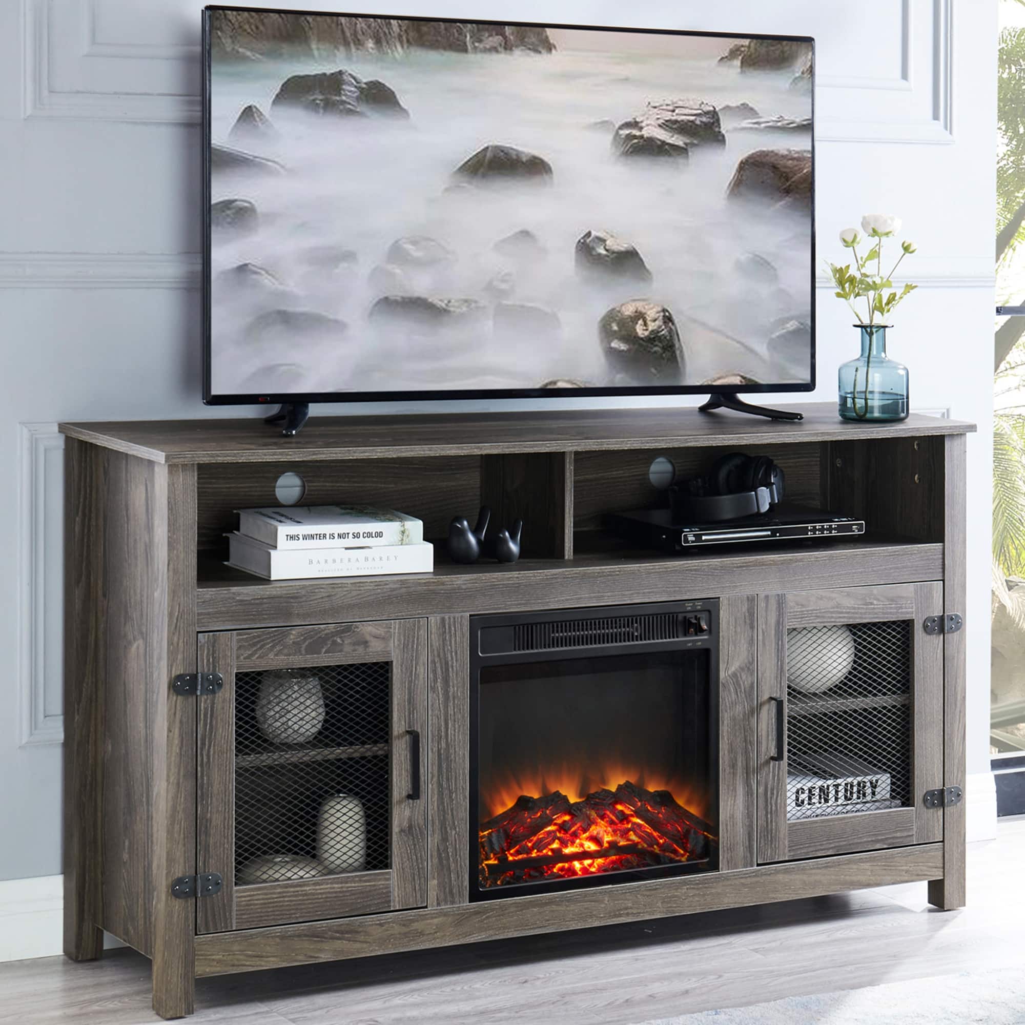 Gray Wood Kitchen Storage with Electric Fireplace, Adjustable