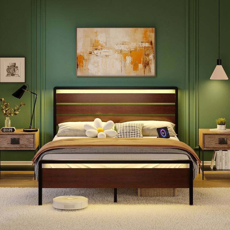 Bed Frame with LED Light and Charging Station, Metal Platform Bed with Wood Headboard