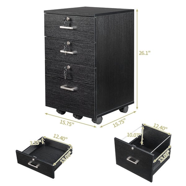 dimension image slide 1 of 2, 3-Drawer Rolling Wood File Cabinet with Lock