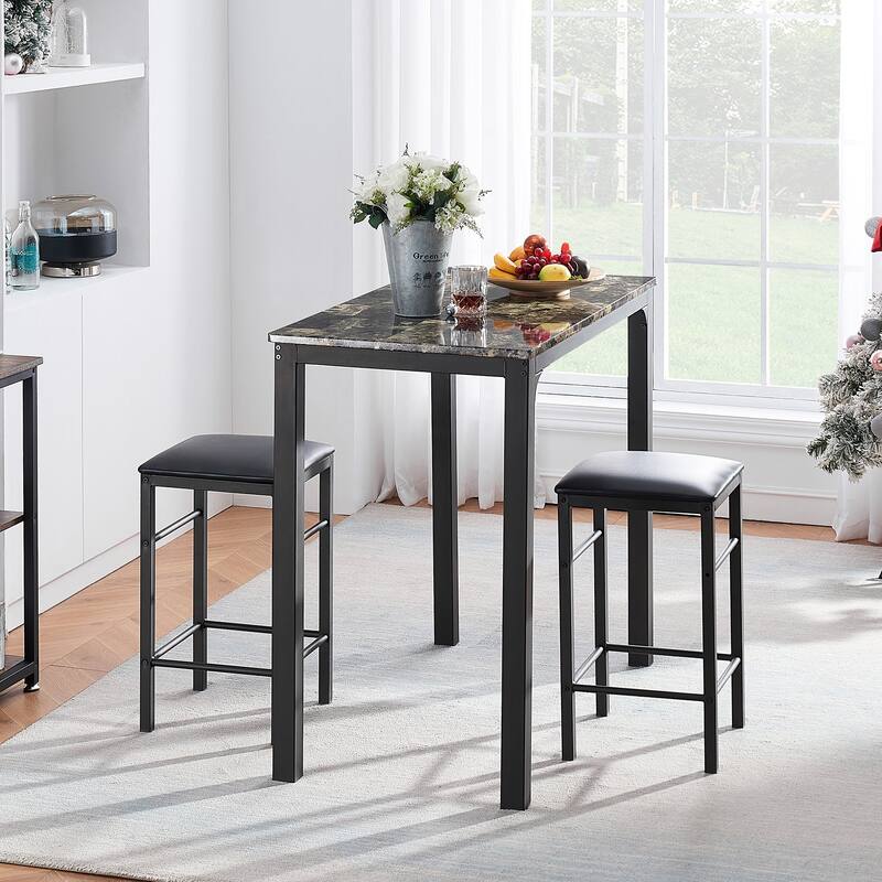 VECELO 3-Pieces Modern Counter Dining Set with Bar Stools Set of 2, Counter Height Dining Set for Kitchen - 3-Piece Sets - Marble Pattern
