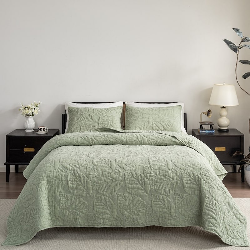Wholelinens Stonewashed 3 Piece Cotton Bedspread Reversible Quilt Set - Queen - Green