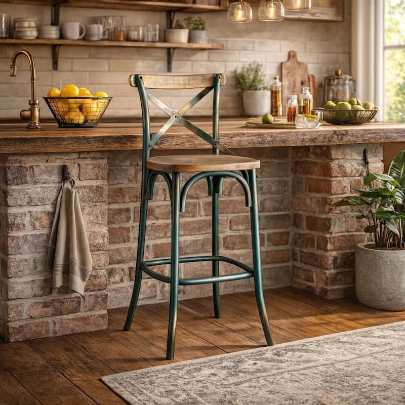 Wood & metal Bar Height Chair with X-Style Panel back, Antique Sky Blue