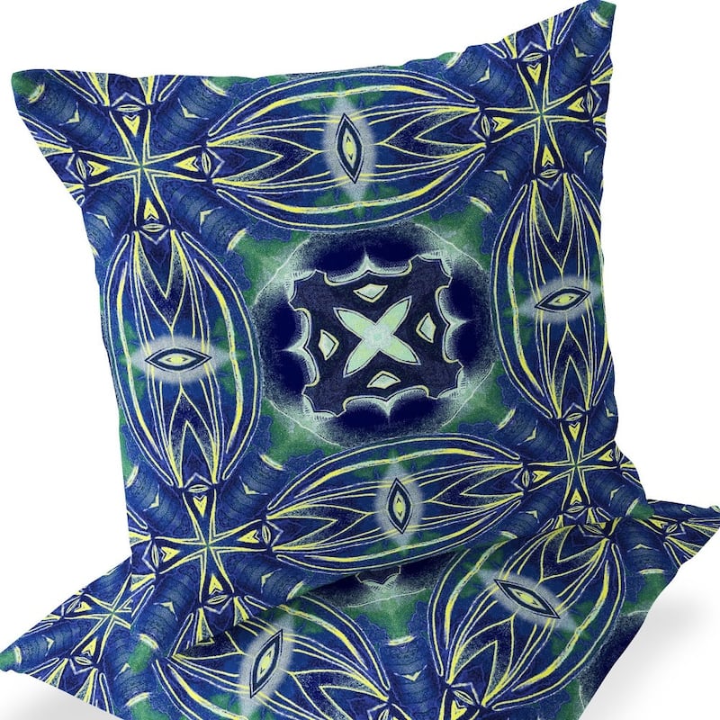 HomeRoots Set of Two 16" X 16" Blue and Green Blown Seam Floral Indoor Outdoor Throw Pillow - 16.00' X '16.00' X '5.00