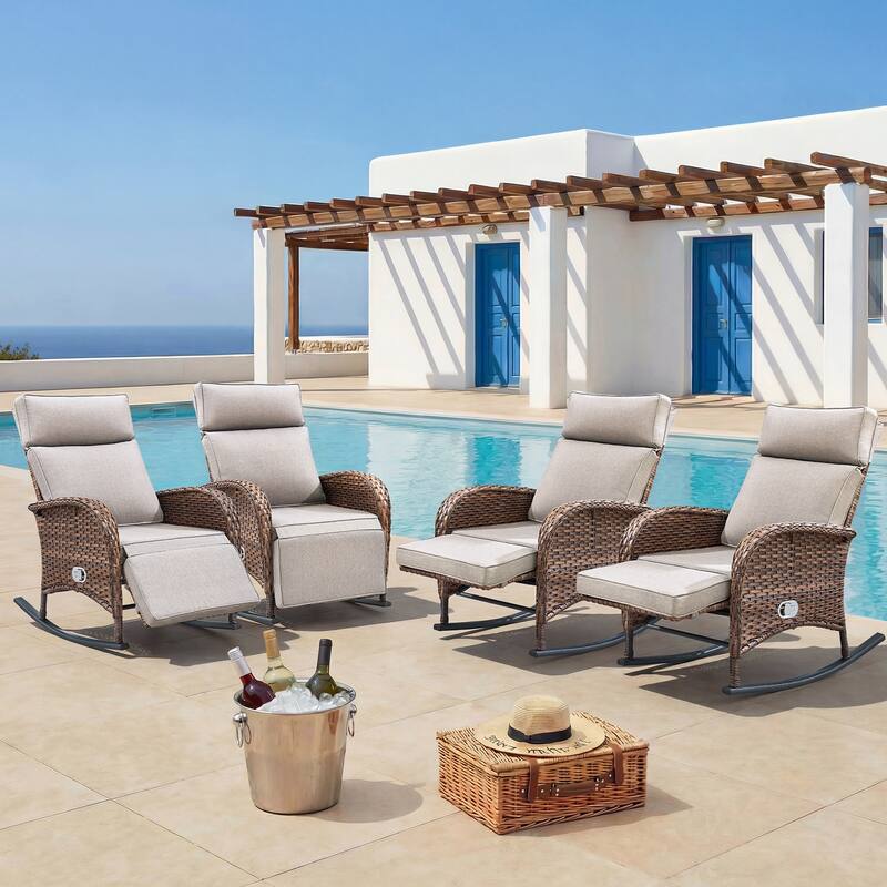 Pocassy Outdoor Patio Rocking Lounge Chairs with Adjustable Backrest Set. - Brown Wicker with Beige Cushion - 4 Piece Rocker Recliner Chair