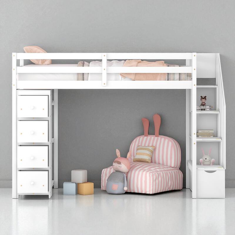 Twin Size Wooden Loft Bed with Drawers, Shelves, and Stairs for Kids Teens, No Box Spring Required