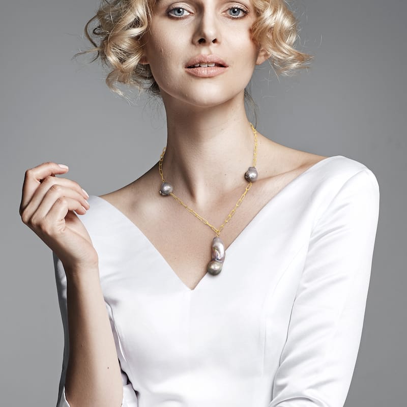 Miadora 13-15mm Grey Cultured Freshwater Baroque Pearl Lariat Necklace with 3.5mm Paperclip Link Chain in Yellow Silver