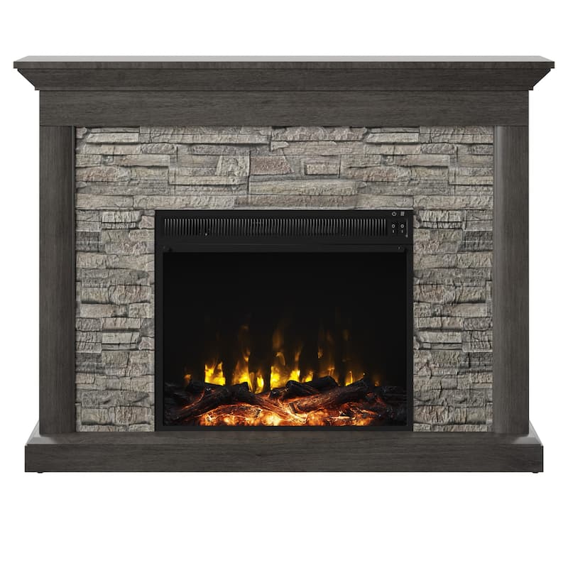 Rustic Wall Mantel Electric Fireplace with Faux Stacked Stone Surround