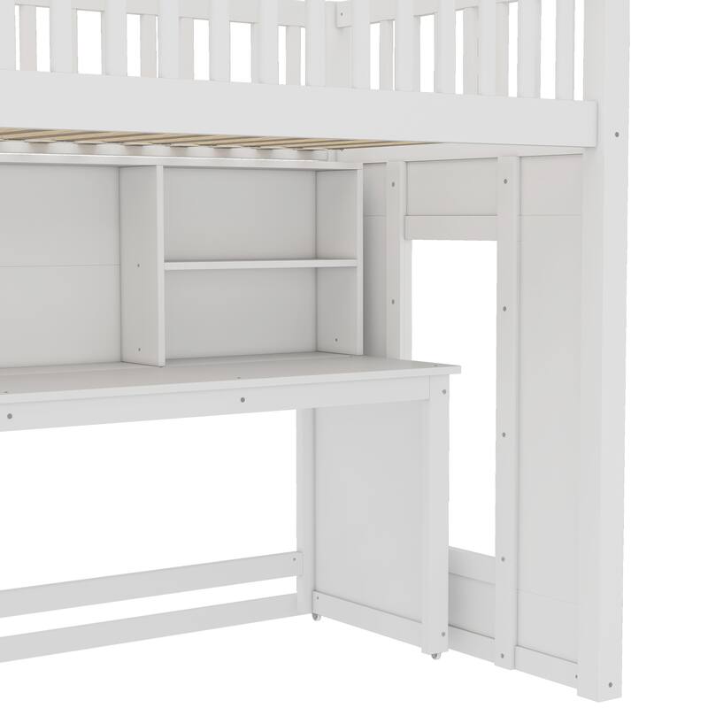 Children's Bedroom Solid Wood Loft Bed with Movable Desk, Storage Stairs, Shelves, Safety Guardrails and Optional Full or Twin