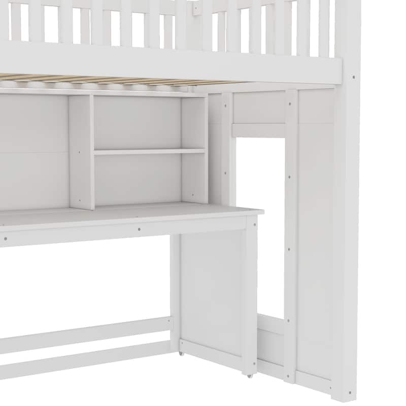 Full/Twin Loft Bed with Movable Desk & Storage Stairs