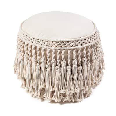 Jani Pretty Bird 18 x 20 Ivory Macrame Pouf Ottoman - Handmade Footrest for Living Room, Bedroom, Nursery