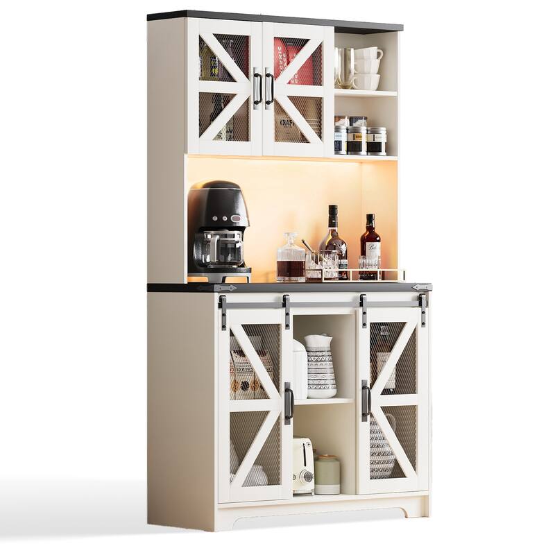 Pocassy 70.87" Kitchen Pantry Cabinet with Led Lights & Power Outlet For Dinning Room