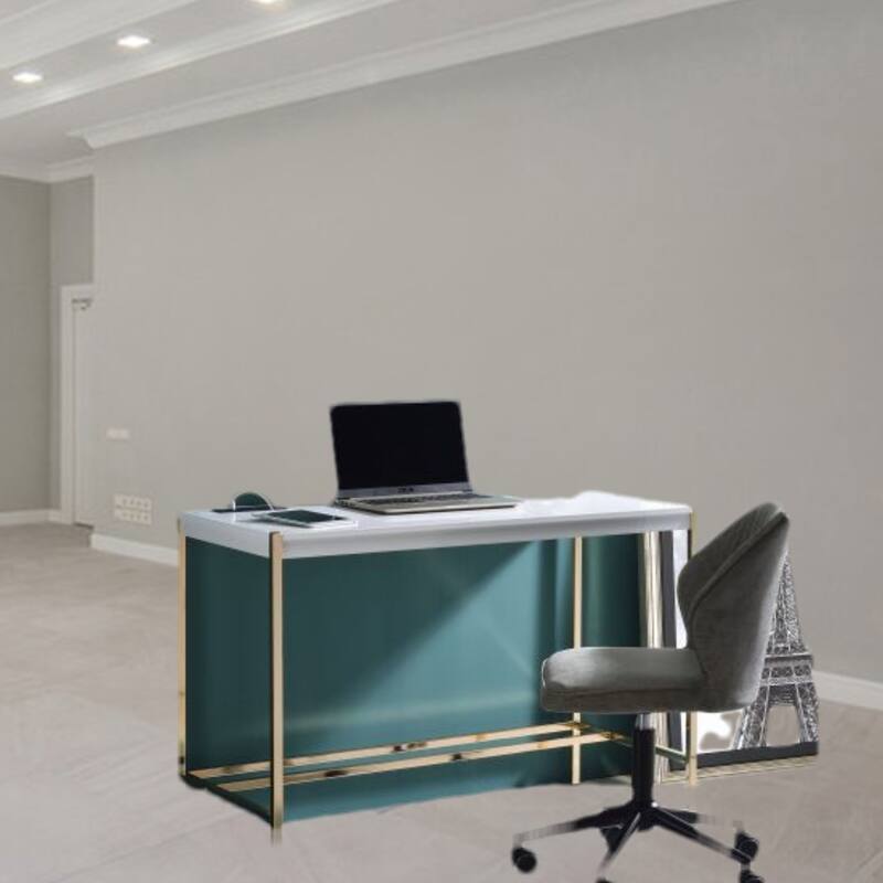 Contemporary Writing Desk with USB Charging Port, High Gloss Finish and Metal Base for Home Office or Study