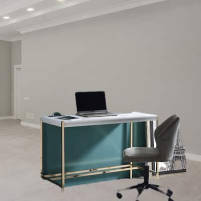 Contemporary Writing Desk with USB Charging Port, High Gloss Finish and Metal Base for Home Office or Study