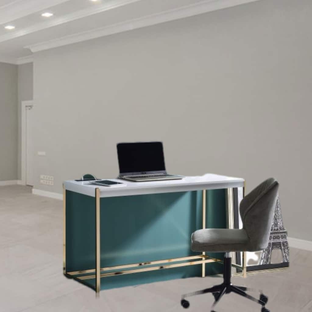 Contemporary Writing Desk with USB Charging Port, High Gloss Finish and Metal Base for Home Office or Study