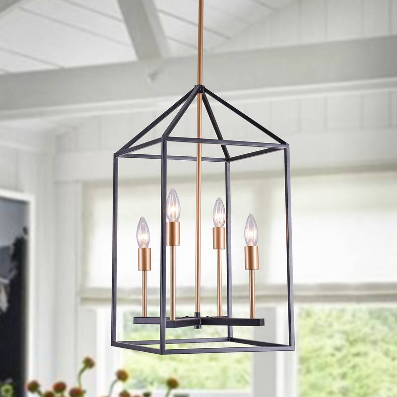 Seilin Matte Black+Gold/Bronze 4-Light Lantern Chandelier with Black Metal Outer Cage